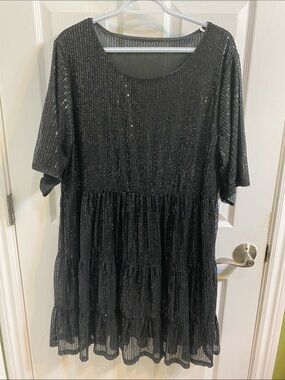 Sparkling Black Sequinned Tiered Evening Dress Women’s Size XL NYE Black Tie